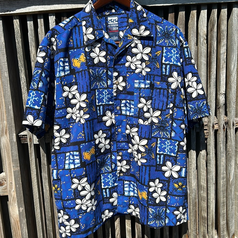 Vintage 90 U.S. Expedition Men's Blue Tropical Floral Aloha Button Shirt Medium